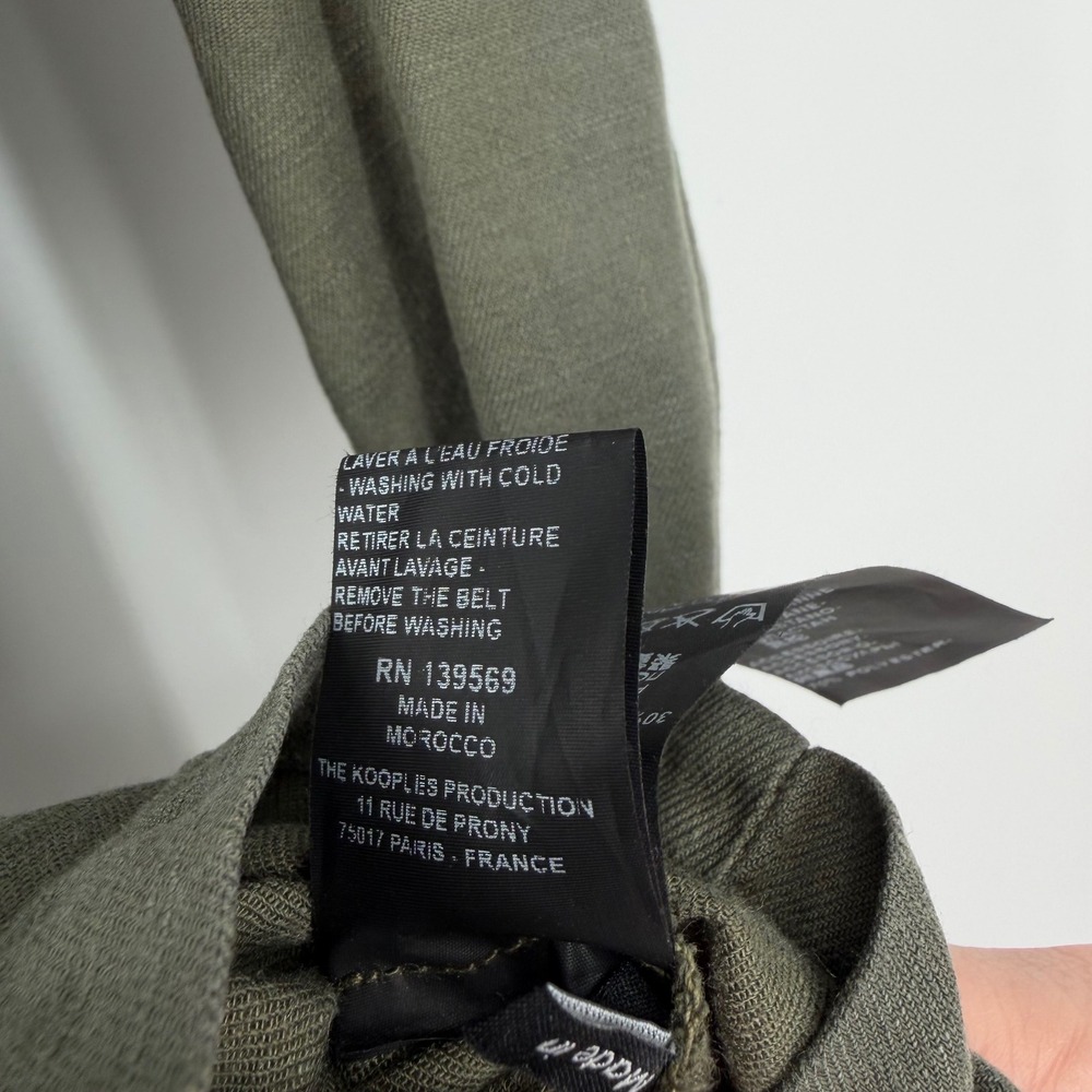 The Kooples Jeans Utility Jumpsuit Olive Green Linen Blend Belted Snap Front 2 M - Picture 6 of 16